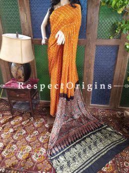 Exuberant Ajrakh Block- print on Bandhani Modal Silk Saree Orange With Black Pallu; Blouse Included; RespectOrigins.com