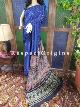 Magnificent Ajrakh Block- print on Bandhani Modal Silk Saree Blue With Black Pallu; Blouse Included; RespectOrigins.com