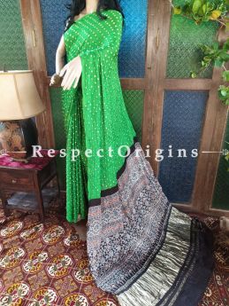 Beautiful Ajrakh Block- print on Bandhani Modal Silk Saree Green With Black & Gold Zari Pallu; Blouse Included; RespectOrigins.com