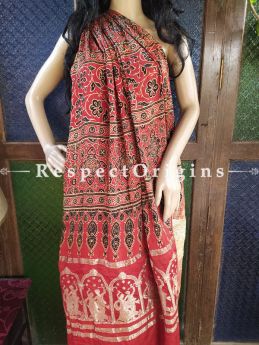 Stunning Ajrakh Block- print on Bandhani Modal Silk Saree Brow With Red and Gold Zari Pallu; Blouse Included; RespectOrigins.com