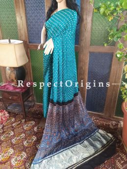 Ajrakh Block- print on Bandhani Modal Silk Saree Bluw With Gold Zari Pallu; Blouse Included; RespectOrigins.com