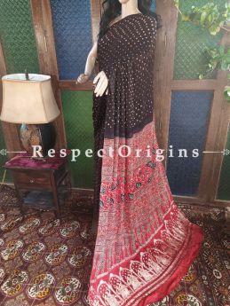 Ajrakh Block- print on Bandhani Modal Silk Saree Black With Red and Gold Zari Pallu; Blouse Included; RespectOrigins.com