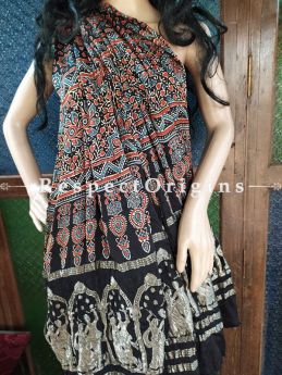 Splendid Ajrakh Block- print on Bandhani Modal Silk Saree Blue With Black Pallu; Blouse Included; RespectOrigins.com