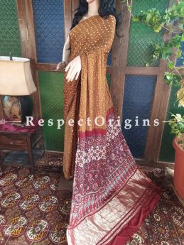 Magnificent Ajrakh Block- print on Bandhani Modal Silk Saree Brown With Red and Gold Zari Pallu; Blouse Included; RespectOrigins.com