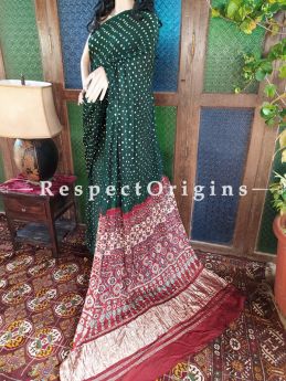 Ajrakh Block- print on Bandhani Modal Silk Saree Green With Red and Gold Zari Pallu; Blouse Included; RespectOrigins.com