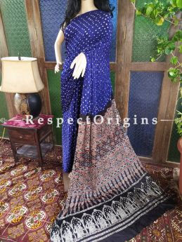 Splendid Ajrakh Block- print on Bandhani Modal Silk Saree Blue With Black Pallu; Blouse Included; RespectOrigins.com