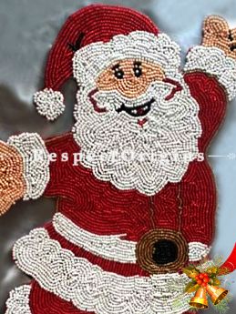 Santa Hand Knitted Beadwork for Christmas; Cotton Runner Mat, 12x16 Inches