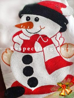 Snow Man Knitted Beadwork for Christmas; Cotton Runner Mat, 12x16 Inches