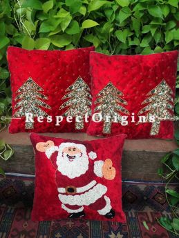 Set of 3 Hand Knitted Beadwork with Red Christmas tree and Santa Square Cotton Cushion Cover 16x16 in ; RespectOrigins.com