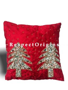 Set of 3 Hand Knitted Beadwork with Red Christmas tree and Santa Square Cotton Cushion Cover 16x16 in ; RespectOrigins.com