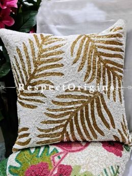 Hand Knitted Golden Leaf Beadwork on White Square Cotton Cushion Cover 16x16 in; Set of 2; RespectOrigins.com