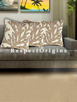 Hand Knitted Golden Branches Beadwork on White Square Cotton Cushion Cover 16x16 in; Set of 3; RespectOrigins.com