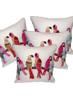 Hand Knitted Multicoloured Parrots Beadwork on White Square Cotton Cushion Cover 16x16 in; Set of 3; RespectOrigins.com