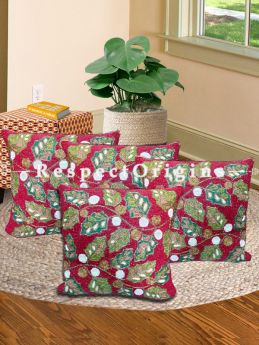 Hand Knitted Green Leaf Beadwork on Ruby Red Square Cotton Cushion Cover 16x16 in; Set of 3; RespectOrigins.com