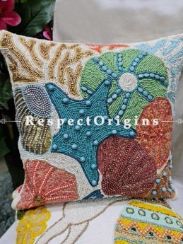 Hand Knitted Starfish & Sea Shells Beadwork on White Square Cotton Cushion Cover 16x16 in; Set of 2; RespectOrigins.com