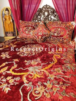 Buy Glorianna Regal Rich Red Luxury Velvet Hand-embroidered Aari work King Bedspread Duvet Set At RespectOriigns.com
