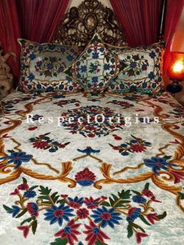 Buy Rebecca Designer Ivory White Floral Luxury Velvet Hand-embroidered King Bedspread Duvet Cover with Cushions At RespectOriigns.com