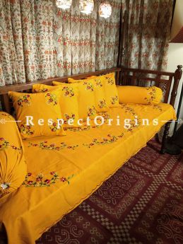 Marigold Joy! Rich Red Hand-embroidered Needlepoint Florals on Rich Pure Cotton; Day Bed Diwan Set with Cover