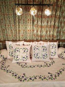 Soft Blush! Hand-embroidered Needlepoint Florals on Rich Pure Cotton; Day Bed Diwan Set with Cover, 5 Throw Pillows and 2 End Pillows. Sheet- 90x60 Inches, Pillows- 17x17 Inches, End Pillows- 33x17 Inches-Mu-50171-70194