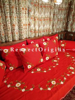 Happiness! Rich Red Hand-embroidered Needlepoint Florals on Rich Pure Cotton; Day Bed Diwan Set with Cover, 5 Throw Pillows and 2 End Pillows. Sheet- 90x60 Inches, Pillows- 17x17 Inches, End Pillows- 33x17 Inches-Mu-50171-70190