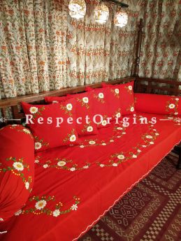 Happiness! Rich Red Hand-embroidered Needlepoint Florals on Rich Pure Cotton; Day Bed Diwan Set with Cover, 5 Throw Pillows and 2 End Pillows. Sheet- 90x60 Inches, Pillows- 17x17 Inches, End Pillows- 33x17 Inches-Mu-50171-70190