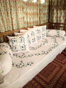 Soft Blush! Hand-embroidered Needlepoint Florals on Rich Pure Cotton; Day Bed Diwan Set with Cover, 5 Throw Pillows and 2 End Pillows. Sheet- 90x60 Inches, Pillows- 17x17 Inches, End Pillows- 33x17 Inches-Mu-50171-70194