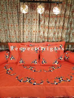 Ripeness! Tomato Red Hand-embroidered Needlepoint Florals on Rich Pure Cotton; Day Bed Diwan Set with Cover, 5 Throw Pillows and 2 End Pillows. Sheet- 90x60 Inches, Pillows- 17x17 Inches, End Pillows- 33x17 Inches-Mu-50171-70195