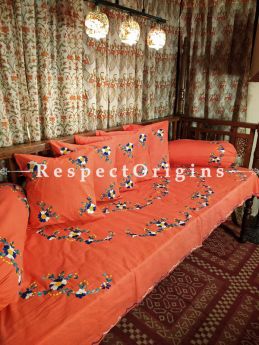 Ripeness! Tomato Red Hand-embroidered Needlepoint Florals on Rich Pure Cotton; Day Bed Diwan Set with Cover, 5 Throw Pillows and 2 End Pillows. Sheet- 90x60 Inches, Pillows- 17x17 Inches, End Pillows- 33x17 Inches-Mu-50171-70195