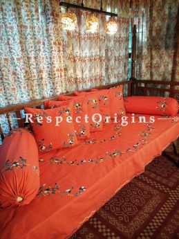 Nectarine Orange! Hand-embroidered Needlepoint Florals on Rich Pure Cotton; Day Bed Diwan Set with Cover, 5 Throw Pillows and 2 End Pillows.Sheet- 90x60 Inches, Pillows- 17x17 Inches, End Pillows- 33x17 Inches-Mu-50171-70197