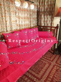 Succulent Rasberry Pink Hand-embroidered Needlepoint Florals on Rich Pure Cotton; Day Bed Diwan Set with Cover, 5 Throw Pillows and 2 End Pillows.Sheet- 90x60 Inches, Pillows- 17x17 Inches, End Pillows- 33x17 Inches-Mu-50171-70198