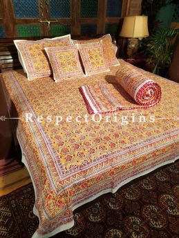 Marigold Luxury Reversible Quilted Pure Organic Cotton Bedding Set; Comforter: 105x85 Inches; Bedspread: 105x90 Inches; Pillow Pair: 28x20 Inches; Cushion Pair: 16x16 Inches; Multi-coloured