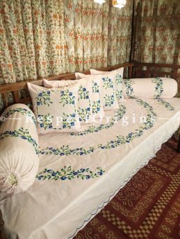 Champagne Coloured Hand-embroidered Needlepoint Florals on Rich Pure Cotton; Day Bed Diwan Set with Cover, 5 Throw Pillows and 2 End Pillows.. Sheet- 90x60 Inches, Pillows- 17x17 Inches, End Pillows- 33x17 Inches-Mu-50171-70192
