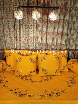 Marigold Joy! Rich Red Hand-embroidered Needlepoint Florals on Rich Pure Cotton; Day Bed Diwan Set with Cover