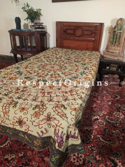 Beige Bedspread, Table Cloth or Throw with Aari work Embroidery and Contrasting Black border at respect origins.com