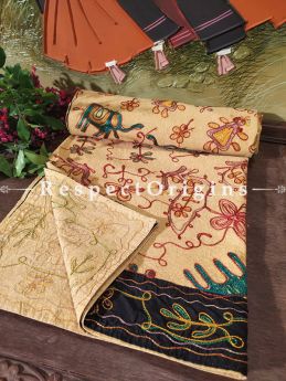 Beige Bedspread, Table Cloth or Throw with Aari work Embroidery and Contrasting Black border at respect origins.com