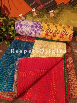 Colourful Patchwork Multi-coloured  Kantha Stitch Reversible Silken Bedspread :RespectOrigins.com