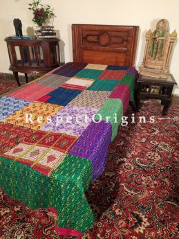 Colourful Patchwork Multi-coloured  Kantha Stitch Reversible Silken Bedspread :RespectOrigins.com