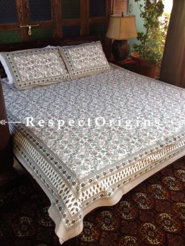 Graceful Pure Cotton King Bed Spread Set , White With Country Floral Motifs In Block Print; Bed Spread; 105 X 90 In; Pillow Shams; 30 X 20 In; RespectOrigins.com