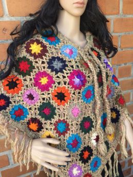 Hand Knitted Woolen Multicolor Crochet Ponchos With Sugar Cookie Base.RespectOrigins
