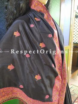 Jacquard Silk  Aari work Embroidered Black Saree  with Paisley motifs; RespectOrigins.com