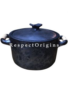 Longpi Black Pottery Set of 2 Cooking Pots with Lid;  Big - 8 x 13 In; Medium - 6 x 11 In; Set of 4 Plates - 10 In Dia.; Set of 4 Fruit or Soup Bowls; RespectOrigins.com