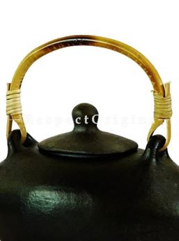 Buy Clay Oval Tea Kettle With Rattan Cane Handle; Handcrafted Longpi Manipuri Black Pottery; 9x4.5x4 in; Chemical Free At RespectOrigins.com