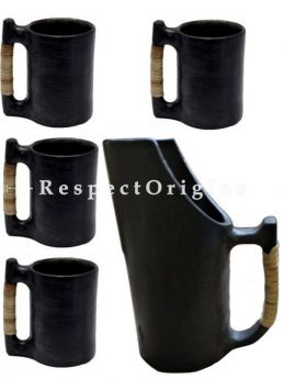Handcrafted Longpi Manipuri Black Pottery Set of 4 Mugs - 5.5x3.5 in and a Mug - 4 x 9.5 In; Chemical Free ; RespectOrigins.com