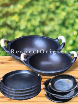 Longpi Black Pottery Set of 2 Kadai Wok Large 4 x 13.5 In. Small - 4 x 10.5 In; Set of 4 Plates - 10 In Dia.; Set of 4 Side Plates or Saucer 10 cm; RespectOrigins.com