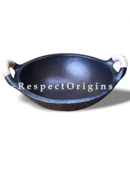 Longpi Black Pottery Set of 2 Kadai Wok Large 4 x 13.5 In. Small - 4 x 10.5 In; Set of 4 Plates - 10 In Dia.; Set of 4 Side Plates or Saucer 10 cm; RespectOrigins.com
