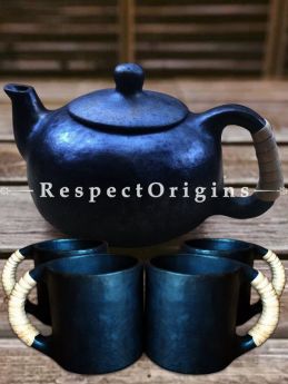 Exquisite Set of 4 Clay Coffee Mugs and a Kettle; Handcrafted Earthenware Longpi Manipuri Black Pottery Tea Set; 3.2 x 8 In.; RespectOrigins.com