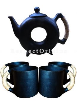 Set of 4 Clay Coffee Mugs and a Kettle; Handcrafted Earthenware Longpi Manipuri Black Pottery Tea Set; 9 In.; RespectOrigins.com
