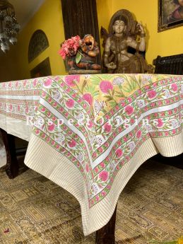 Le Provence Collection! Eternal Yellow Block-printed Floral Cotton Tablecloth for Al Fresco or Indoor Dining.; RespectOrigins.com