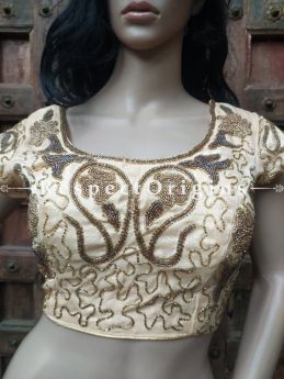 Buy Hand-Embroidered Cotton Silk Choli Blouse With Beadwork In Golden Color at RespectOrigins.com