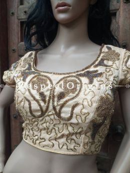 Buy Hand-Embroidered Cotton Silk Choli Blouse With Beadwork In Golden Color at RespectOrigins.com